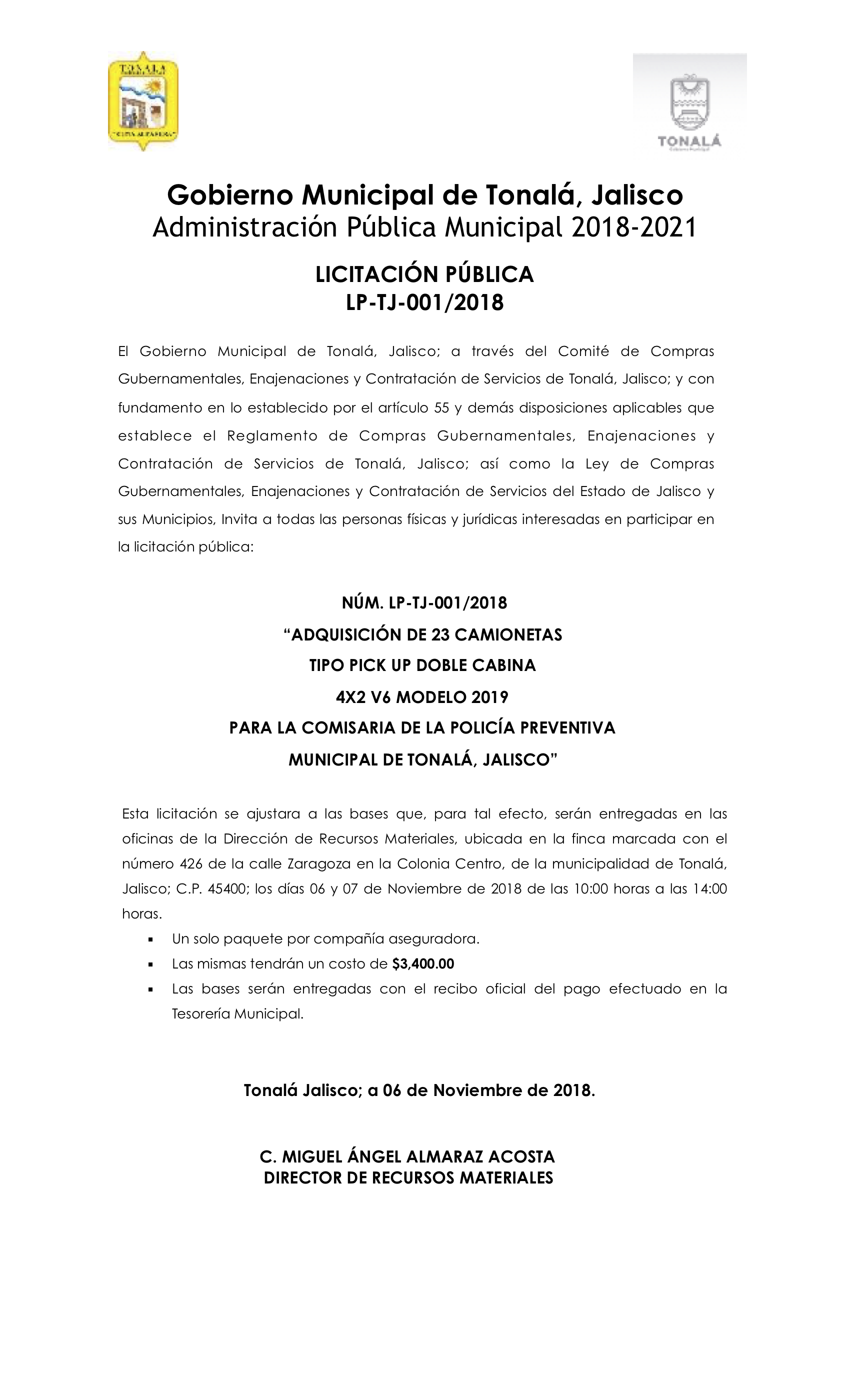 Convocatoria Licitación Pública NÚM. LP-TJ-001-2018 – Gobierno de Tonalá